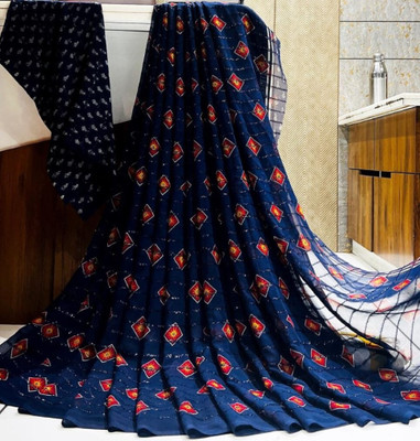 Bombey Velvat Fab Floral Print Bandhani Chiffon, Georgette Saree(Blue)