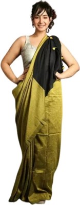 BongSaree Color Block Bollywood Cotton Blend Saree(Green, Black)