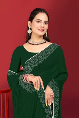 Veertrends Embellished Chanderi Pure Silk Saree(Green)