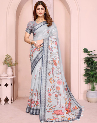 jya Floral Print, Digital Print Bollywood Cotton Linen Saree(Grey)