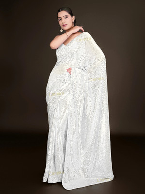 Clemira Embellished Bollywood Georgette Saree(White)