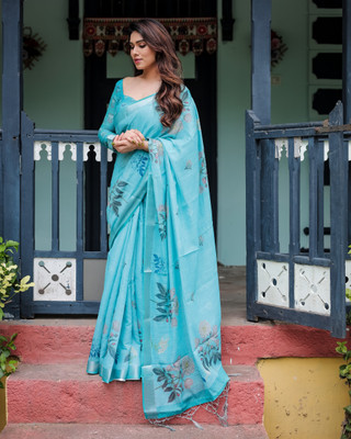 DHAYNAAND REEWA FASHION Digital Print Banarasi Linen Saree(Light Blue)