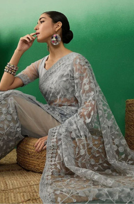 Vijay Fashion Floral Print, Embroidered Bollywood Net Saree(Grey)
