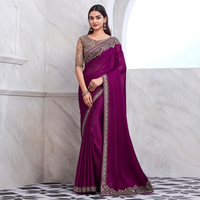 Peachmode Embroidered Bollywood Satin Saree(Magenta)