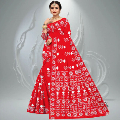 KAVACH TEXTILE Printed Daily Wear Pure Cotton Saree(Red)