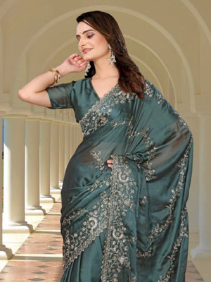 VRLOOKMEFASHION Embroidered Bollywood Pure Silk Saree(Blue)