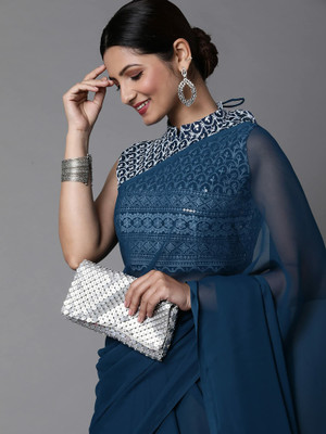 Nena Fashion Solid/Plain Daily Wear Georgette Saree(Blue)