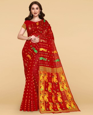 CHOICEIT Self Design, Woven Jamdani Cotton Linen Saree(Red)