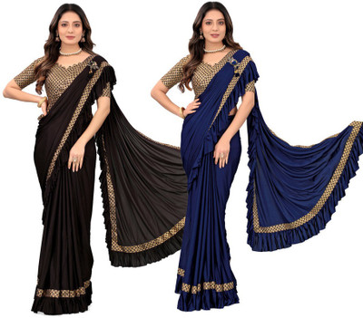 MIJAASHREE Solid/Plain Bollywood Lycra Blend Saree(Pack of 2, Dark Blue, Black)