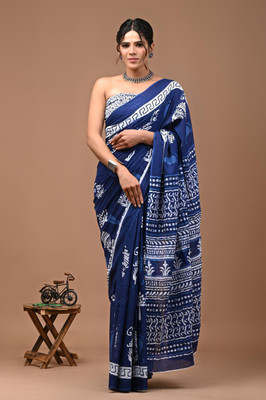 Shiv Clothing Printed Ikkat Cotton Blend Saree(Blue)