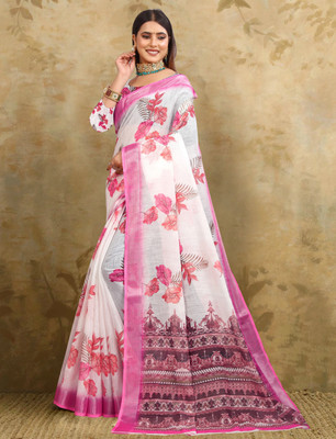 G GAJAL INTERNATIONAL Printed Kanjivaram Pure Cotton, Cotton Linen Saree(Pink)