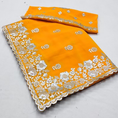 Radheradhey Embroidered, Floral Print Bollywood Georgette Saree(Yellow)