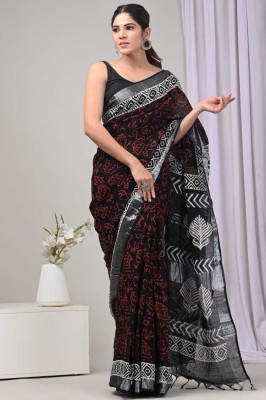 Pallo Latke Printed Daily Wear Cotton Linen Saree(Black)