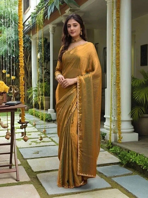 OMICRON FAB Solid/Plain Bollywood Organza, Silk Blend Saree(Yellow)
