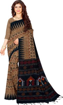 Joyguru Textile Geometric Print, Printed, Temple Border Sambalpuri Cotton Blend Saree(Mustard)