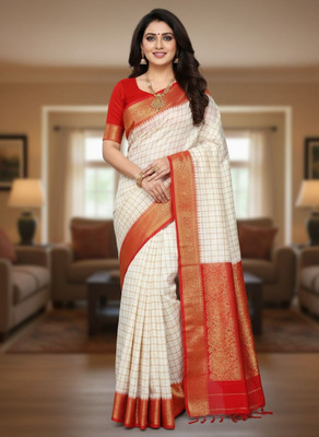 Sarkar Textiles Checkered Bandhani Cotton Blend Saree(White)