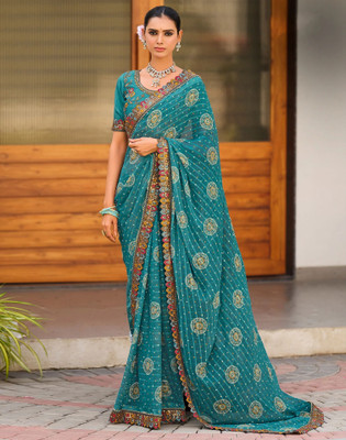 Satrani Printed, Embroidered Bandhani Georgette, Chiffon Saree(Blue)