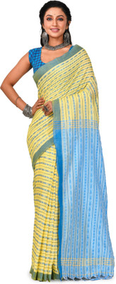 crochetin Woven Handloom Pure Cotton Saree(Yellow, Light Blue)