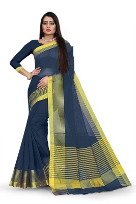 vairagee Solid/Plain Daily Wear Cotton Blend Saree(Dark Blue)