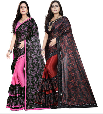DECOFIN Embellished, Floral Print Bollywood Lycra Blend Saree(Pack of 2, Pink, Red)