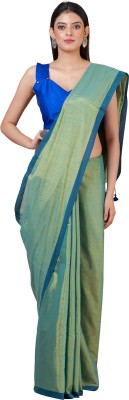 Durga Handlooms Solid/Plain Handloom Cotton Linen Saree(Green)