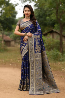 VKARAN Woven Kanjivaram Art Silk Saree(Dark Blue)