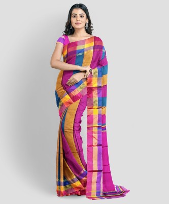 KAMANA TEXTILE QUALITY FASHION Color Block, Self Design, Woven, Checkered Handloom Cotton Silk Saree(Gold, Pink)