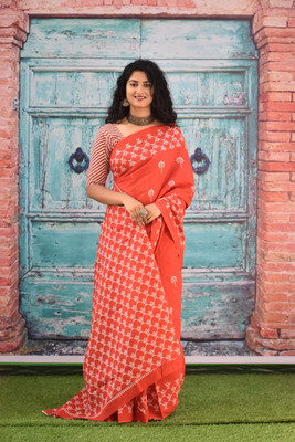 Clothonus Printed Ikkat Pure Cotton Saree(Orange)