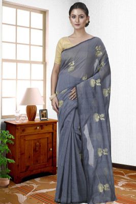GitAsit Embroidered Handloom Cotton Blend Saree(Grey)