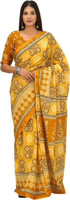 Kiaaron Printed Ikkat Pure Cotton Saree(Yellow)
