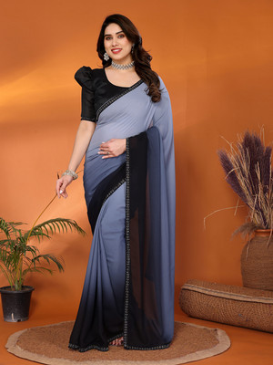 Anand Sarees Solid/Plain Bollywood Georgette Saree(Grey, Black)