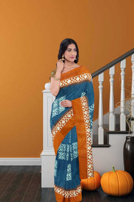 Ruhabs Printed Ikkat Cotton Blend Saree(Light Blue)