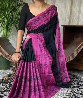 Amita Collections Woven Handloom Cotton Blend Saree(White, Black)