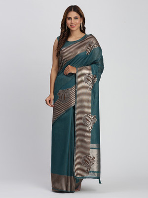 Divastri Printed Banarasi Cotton Linen Saree(Green)