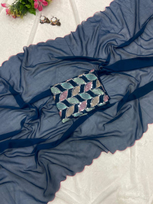 SICHYAH Solid/Plain Bollywood Georgette Saree(Dark Blue)