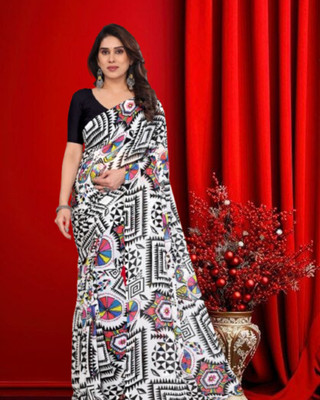 JAYAMENTERPRISE Digital Print, Self Design, Printed Bollywood Georgette Saree(White)