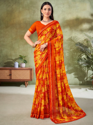 Tasrika Floral Print, Geometric Print, Digital Print, Printed Bollywood Chiffon Saree(Yellow, Orange)