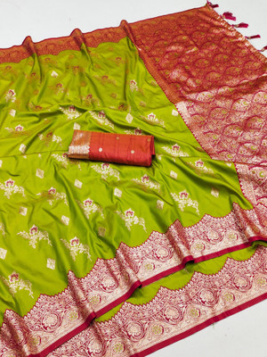 fabguru Woven, Floral Print, Geometric Print Banarasi Silk Blend Saree(Light Green)