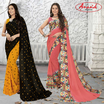 Anand Sarees Printed Daily Wear Georgette Saree(Pack of 2, Yellow, Black, Multicolor)