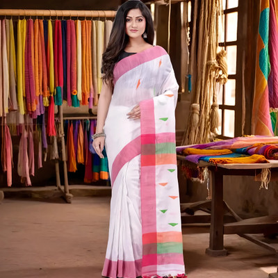 Desh Bidesh Self Design, Striped, Solid/Plain, Temple Border Handloom Handloom Cotton Blend, Pure Cotton Saree(White)