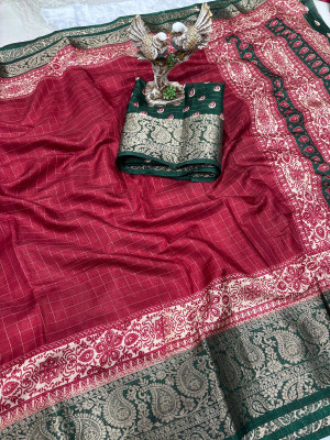 Classy Foriever Checkered Bollywood Silk Blend Saree(Maroon)