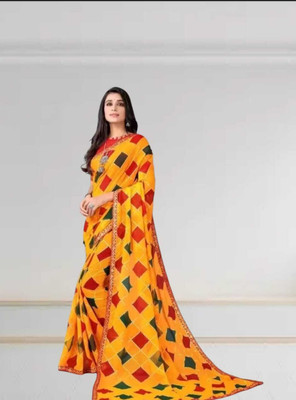 HouseOfCommon Printed Bollywood Georgette Saree(Yellow)
