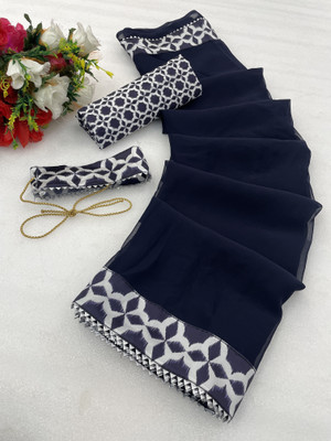 PRETTYAGE Printed Banarasi Georgette Saree(Dark Blue)