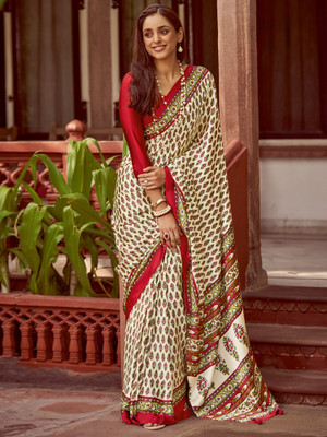 Tasrika Printed Hand Batik Crepe Saree(White)