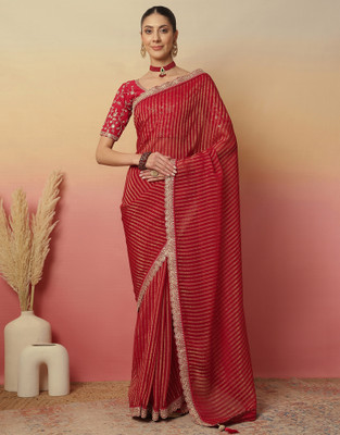 Sangria Striped, Embellished, Embroidered Bollywood Georgette Saree(Pink)