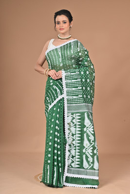 BalikaTextile Printed Jamdani Cotton Blend Saree(Dark Green)