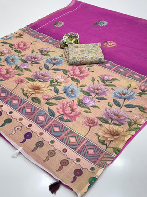 SDGRATITUDE Digital Print, Printed, Floral Print Daily Wear Cotton Linen, Linen Saree(Pink)