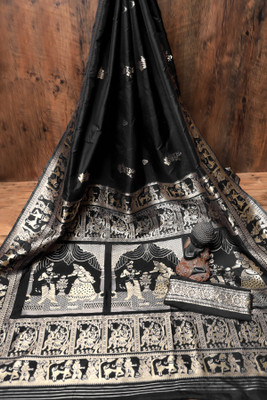 Rugli Self Design Baluchari Art Silk, Silk Blend Saree(Black)