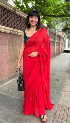 Sampa Das Solid/Plain Handloom Cotton Blend Saree(Red)