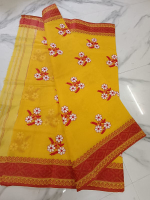 Priyongboda Printed Tant Handloom Cotton Blend Saree(Multicolor)